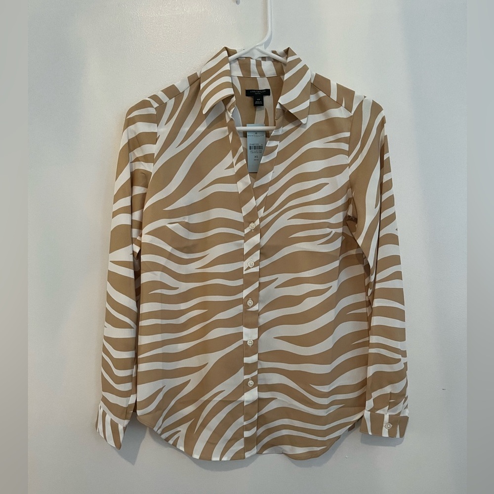 Ann Taylor camel and white zebra print blouse